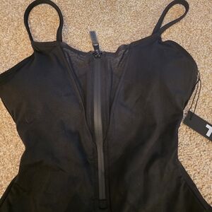 Black Women's One-Piece Swimsuit / Bodysuit with Front Zip TA3